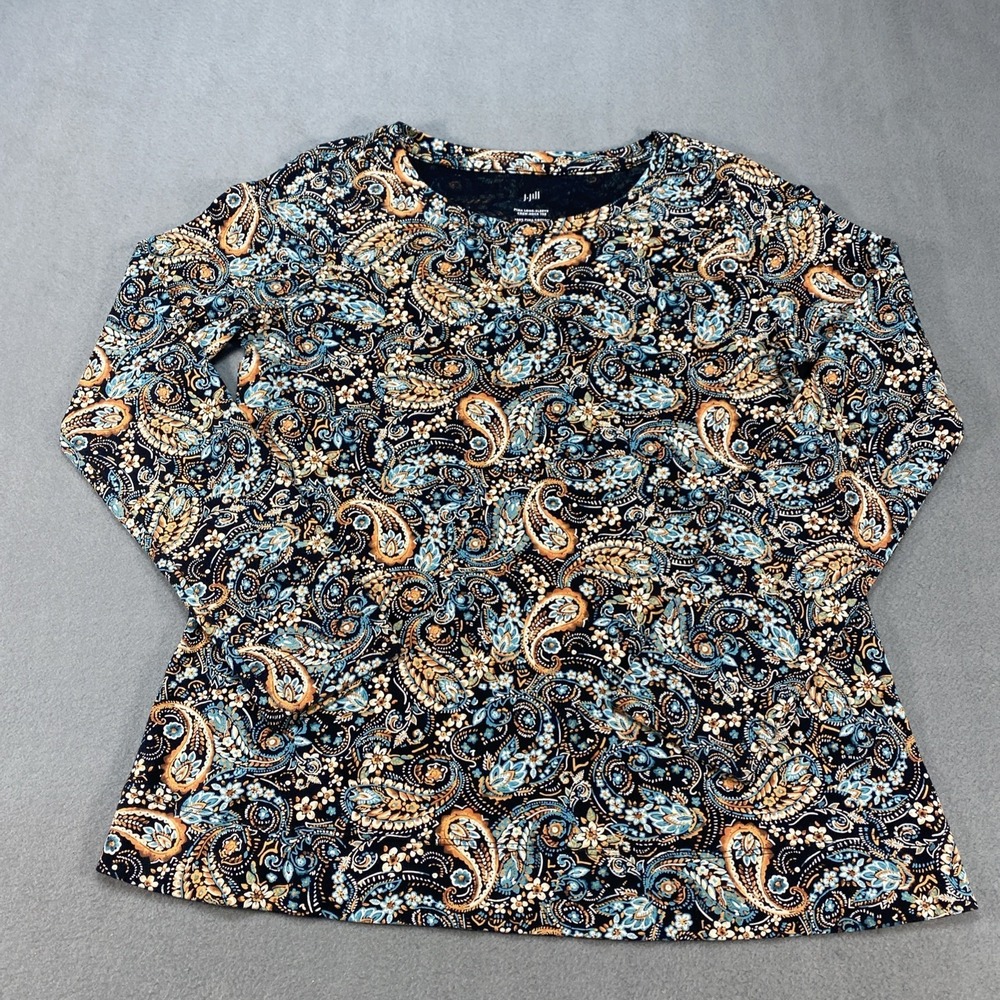 J. Jill Crew Neck‎ Tee Womens XS Petite Black Paisley Pima Cotton Long Sleeve